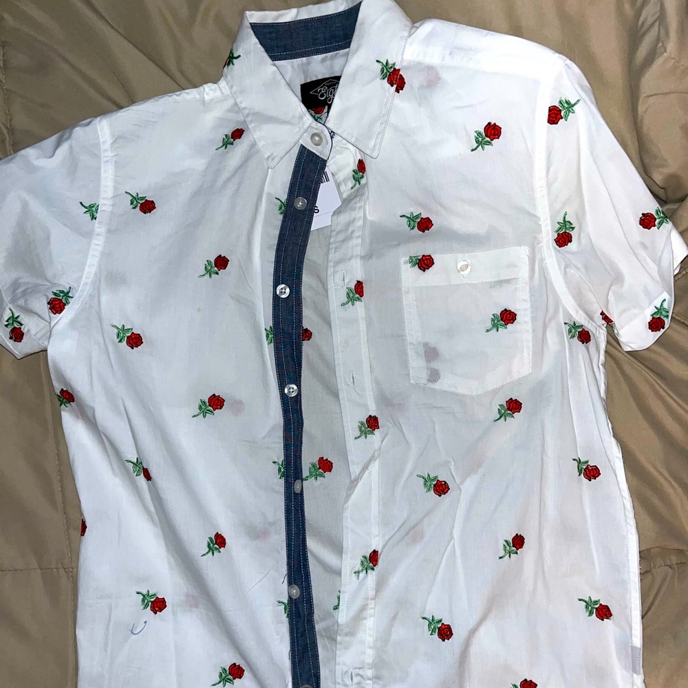 Eighty Eight Short Sleeve Button Down with Flower Embroidery